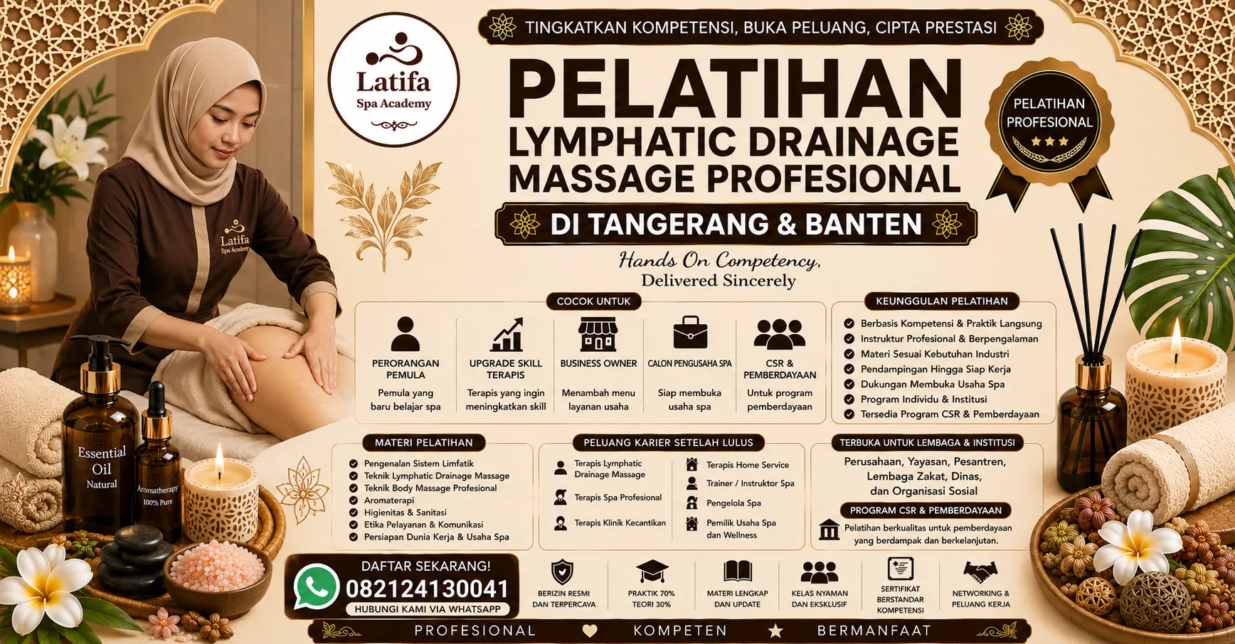 Pelatihan Lymphatic Drainage Massage Profesional di Tangerang dan Banten untuk pemula, terapis, klinik kecantikan, business owner, dan program CSR. Belajar praktik langsung bersama instruktur profesional. Hubungi 082124130041.